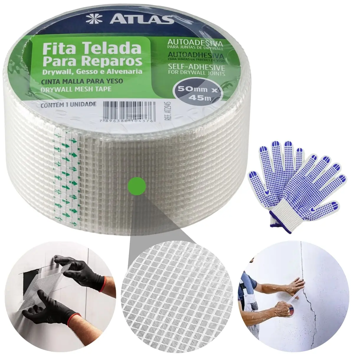 Fita Telada Auto Adesiva Para Reparos 50mm X 45m Gesso Drywall Alvenaria + Luva Pigentada | Atlas