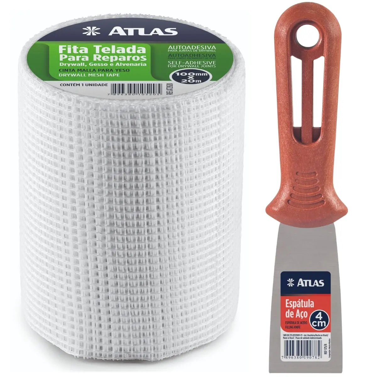 Fita Telada Auto Adesiva Para Reparos 100mm X 20m Gesso Drywall Alvenaria + Espátula 4cm Aço Carbono | Atlas