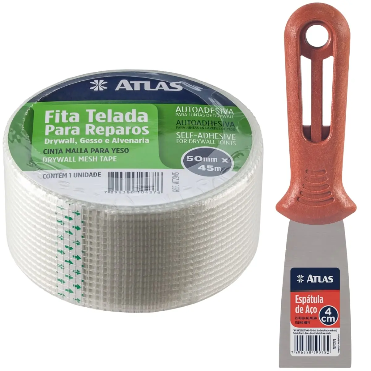 Fita Telada Auto Adesiva Para Reparos 50mm X 45m Gesso Drywall Alvenaria + Espátula 4cm Aço Carbono | Atlas