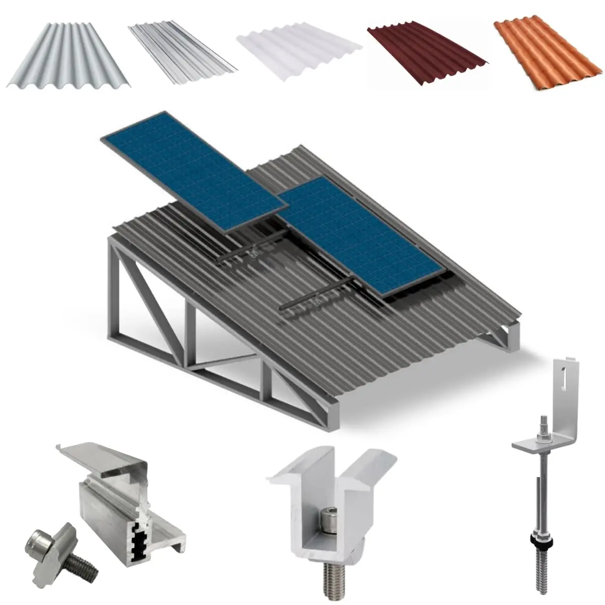 Kit Estrutura Suporte Fixador Linha C P/ 2 Placas Solar Alumínio Inox Telha Fibro Ondulada Viga Metálica | Perfil Master