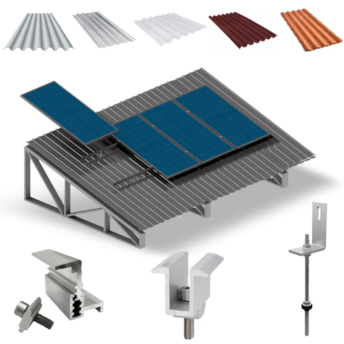Kit Estrutura Suporte Fixador Linha C P/ 4 Placas Solar Alumínio Inox Telha Fibro Ondulada Viga Metálica | Perfil Master