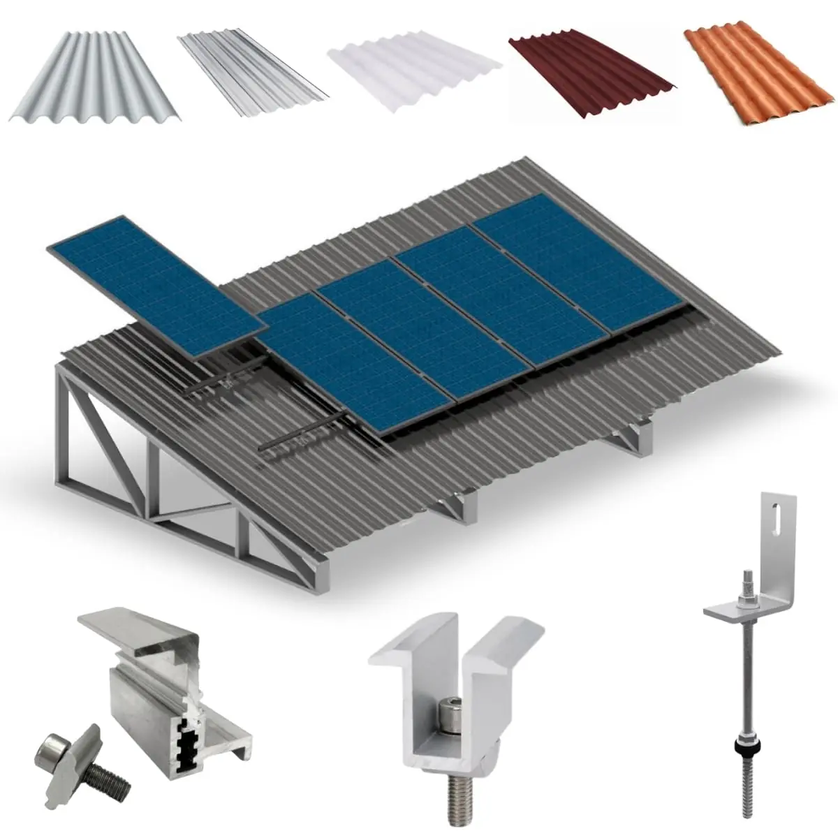 Kit Estrutura Suporte Fixador Linha C P/ 5 Placas Solar Alumínio Inox Telha Fibro Ondulada Viga Metálica | Perfil Master