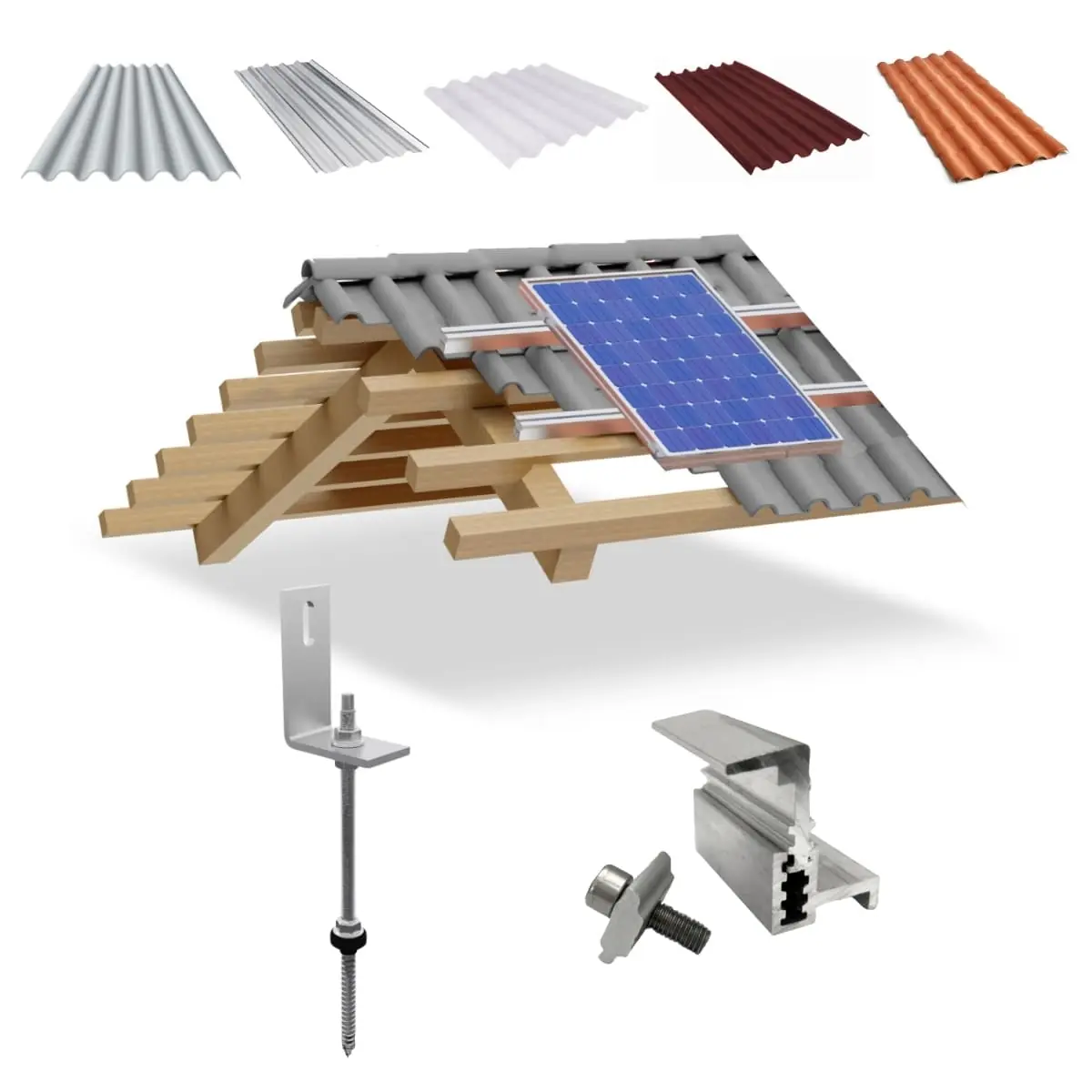 Kit Estrutura Suporte Fixador Linha C P/ 01 Placa Solar Alumínio Inox Telha Fibro Ondulada Viga Madeira | Perfil Master