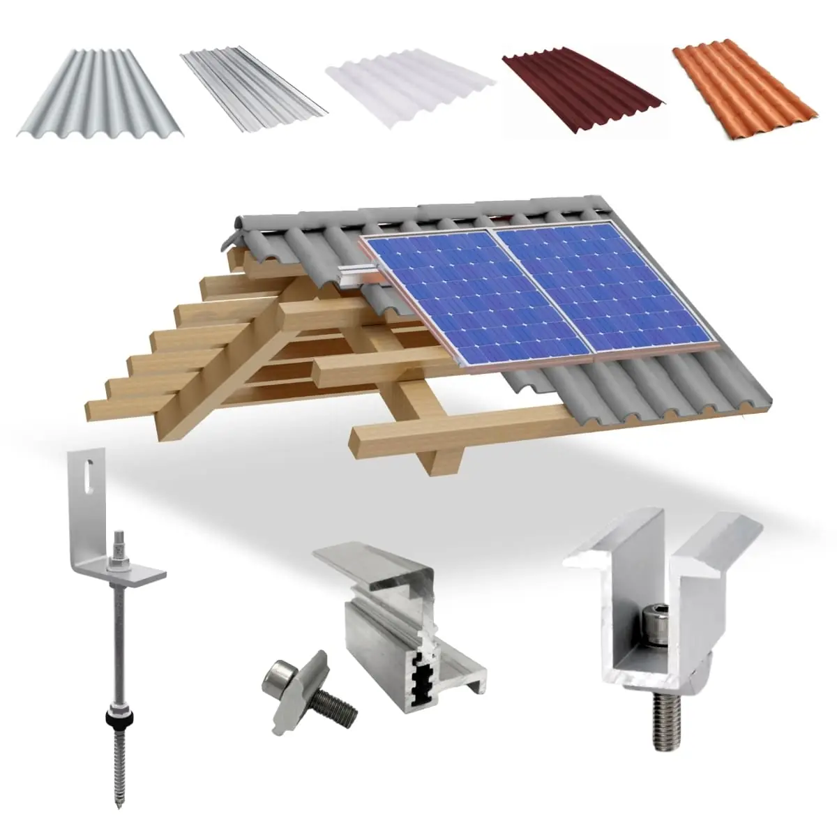 Kit Estrutura Suporte Fixador Linha C P/ 02 Placas Solar Alumínio Inox Telha Fibro Ondulada Viga Madeira | Perfil Master