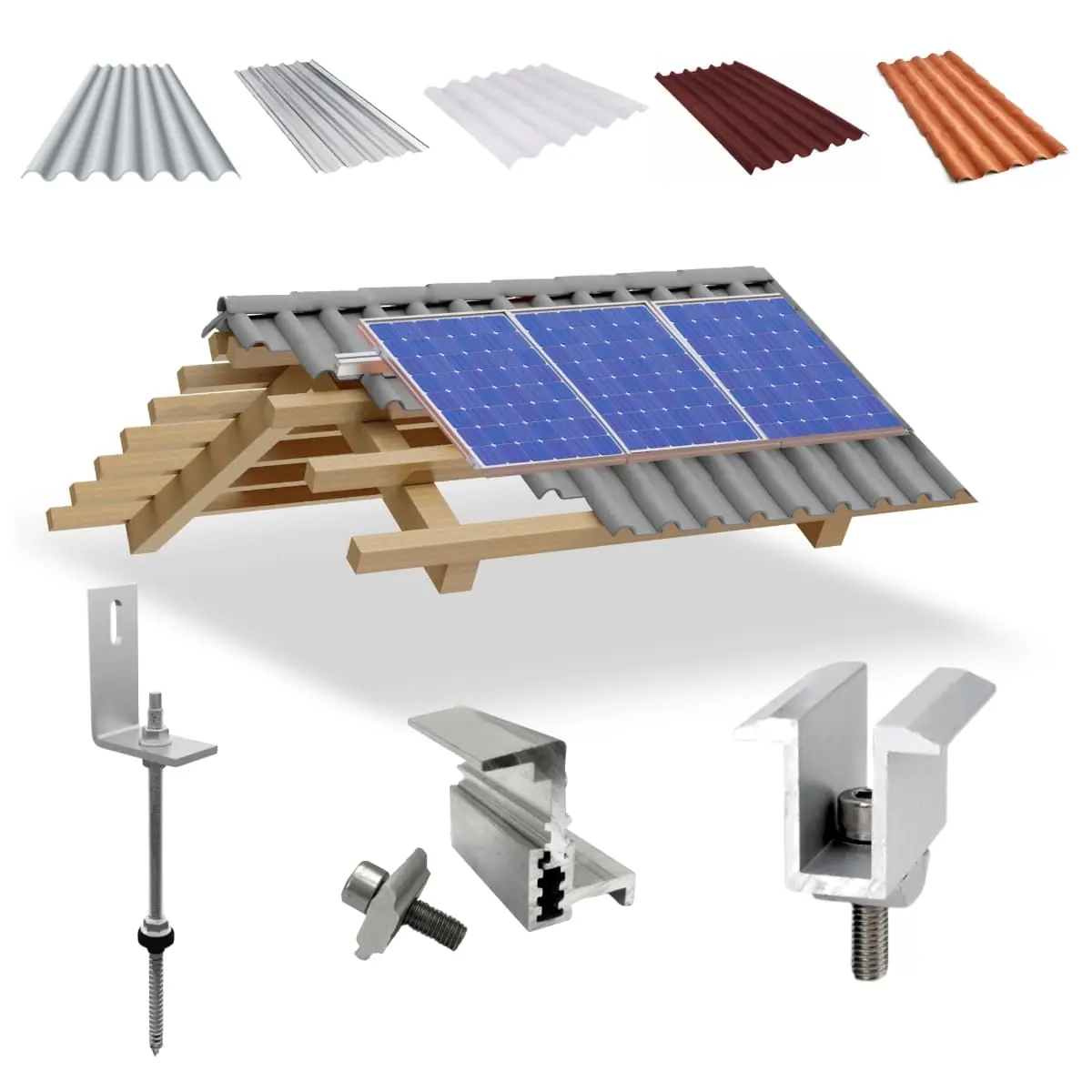 Kit Estrutura Suporte Fixador Linha C P/ 03 Placas Solar Alumínio Inox Telha Fibro Ondulada Viga Madeira | Perfil Master