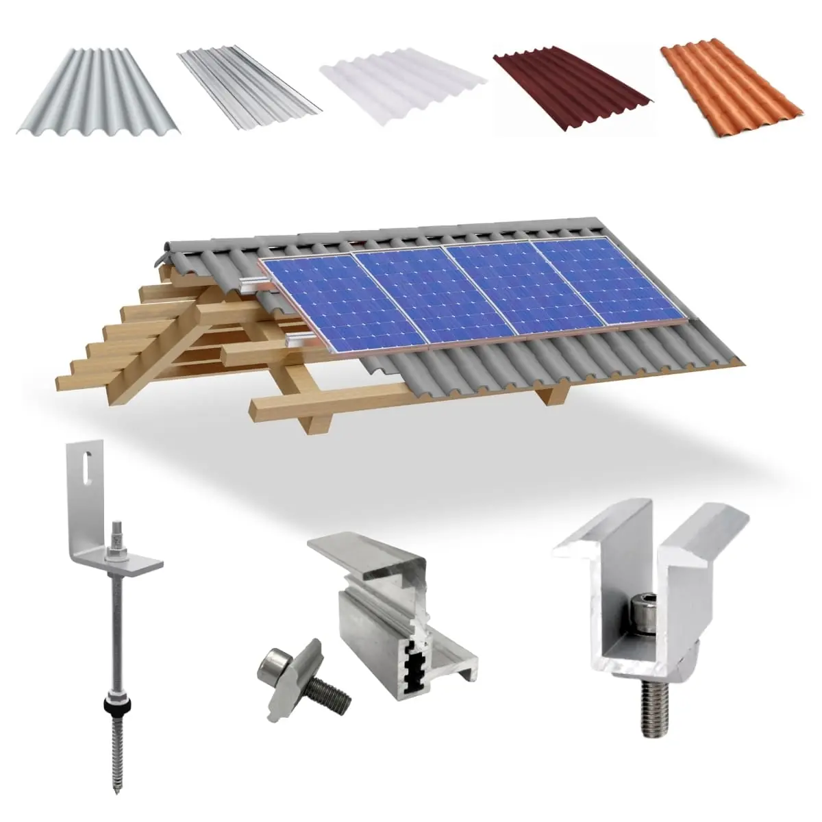 Kit Estrutura Suporte Fixador Linha C P/ 04 Placas Solar Alumínio Inox Telha Fibro Ondulada Viga Madeira | Perfil Master