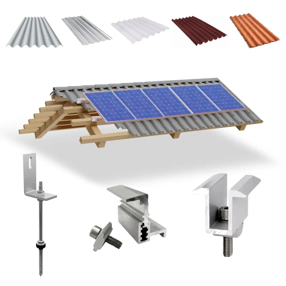 Kit Estrutura Suporte Fixador Linha C P/ 05 Placas Solar Alumínio Inox Telha Fibro Ondulada Viga Madeira | Perfil Master