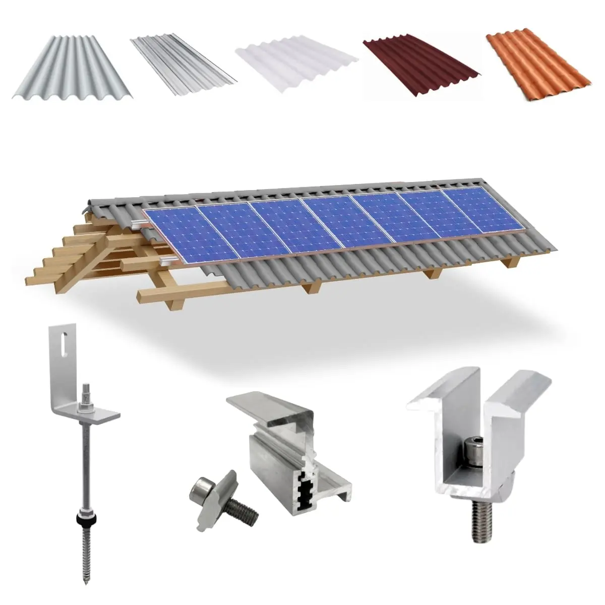 Kit Estrutura Suporte Fixador Linha C P/ 07 Placas Solar Alumínio Inox Telha Fibro Ondulada Viga Madeira | Perfil Master