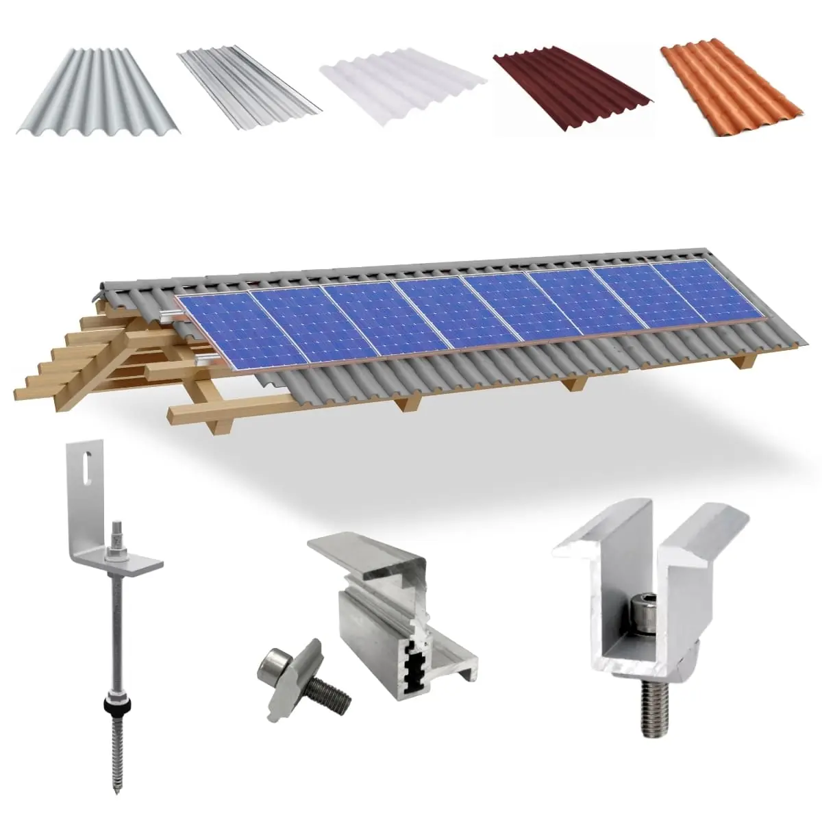 Kit Estrutura Suporte Fixador Linha C P/ 08 Placas Solar Alumínio Inox Telha Fibro Ondulada Viga Madeira | Perfil Master