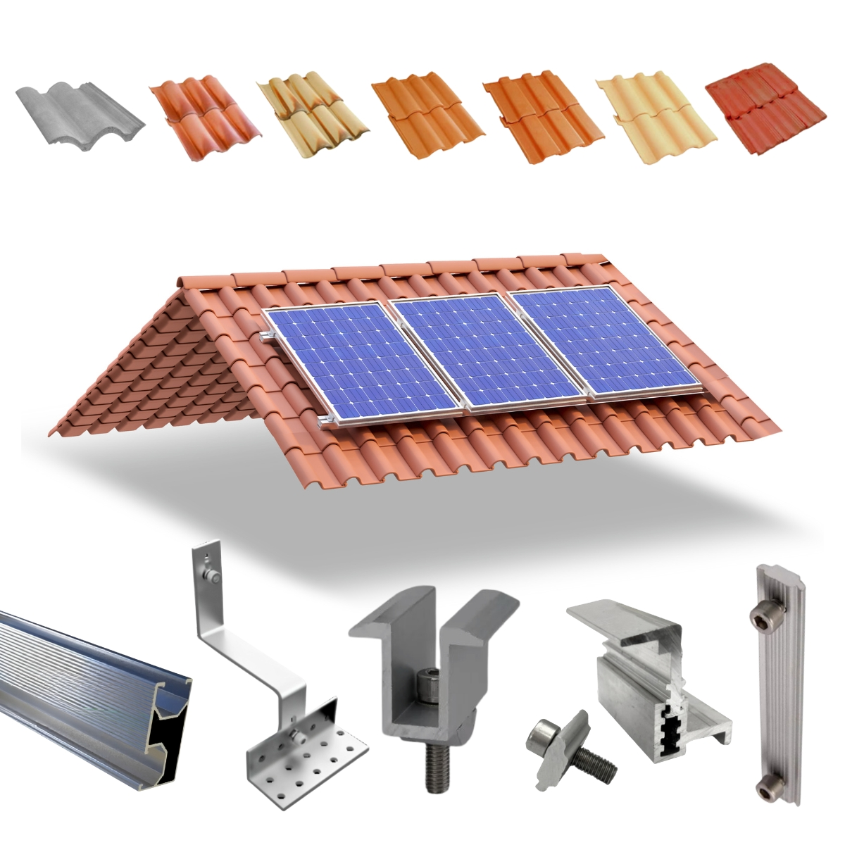 Kit Estrutura Fixador Linha C 1,20m Para 03 Placas Painel Solar Alumínio E Inox | Telha Cerâmica Cimento | Perfil Master