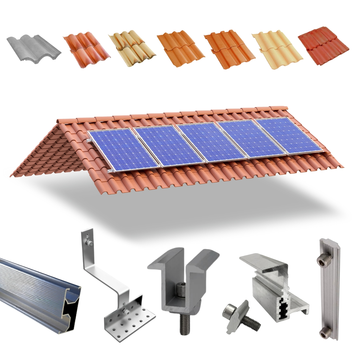 Kit Estrutura Fixador Linha C 1,20m Para 05 Placas Painel Solar Alumínio E Inox | Telha Cerâmica Cimento | Perfil Master