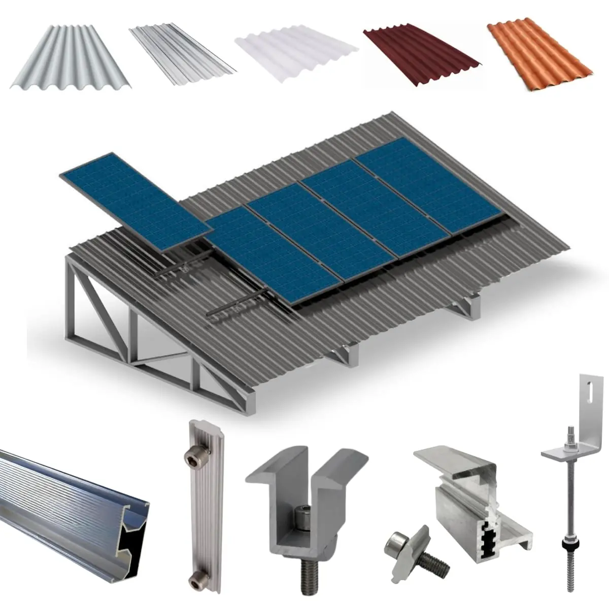 Kit Estrutura Fixador Linha C 1,20m Para 5 Placas Solar Alumínio Inox Telha Fibro Ondulada Viga Metálica | Perfil Master