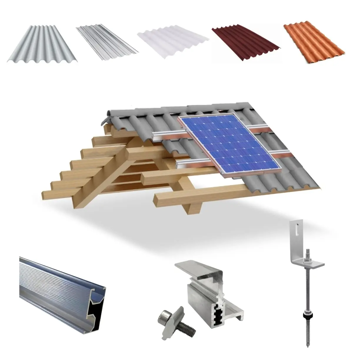 Kit Estrutura Fixador Linha C 1,20m Para 1 Placa Solar Alumínio Inox Telha Fibro Ondulada Viga Madeira | Perfil Master