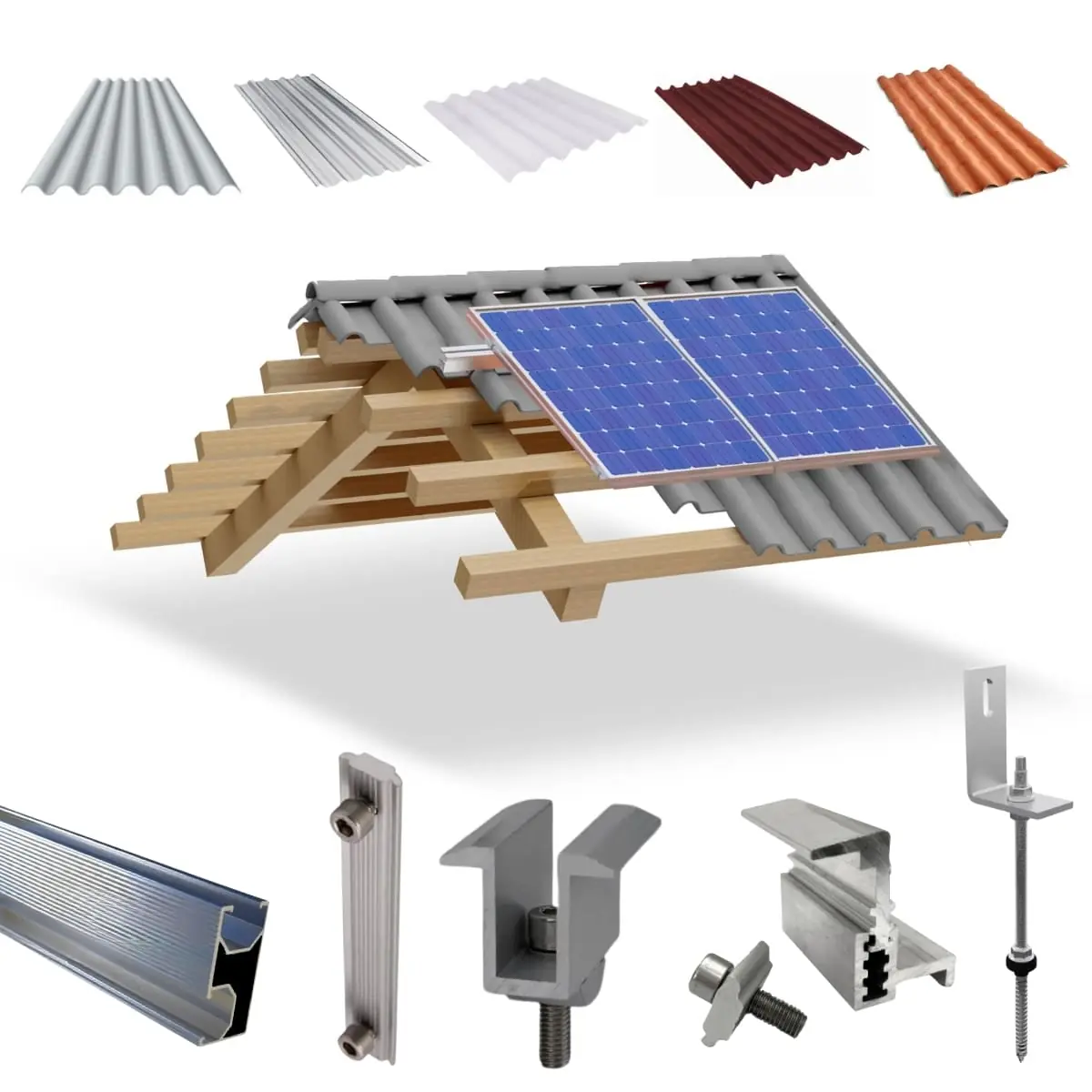 Kit Estrutura Fixador Linha C 1,20m Para 02 Placas Solar Alumínio Inox Telha Fibro Ondulada Viga Madeira | Perfil Master