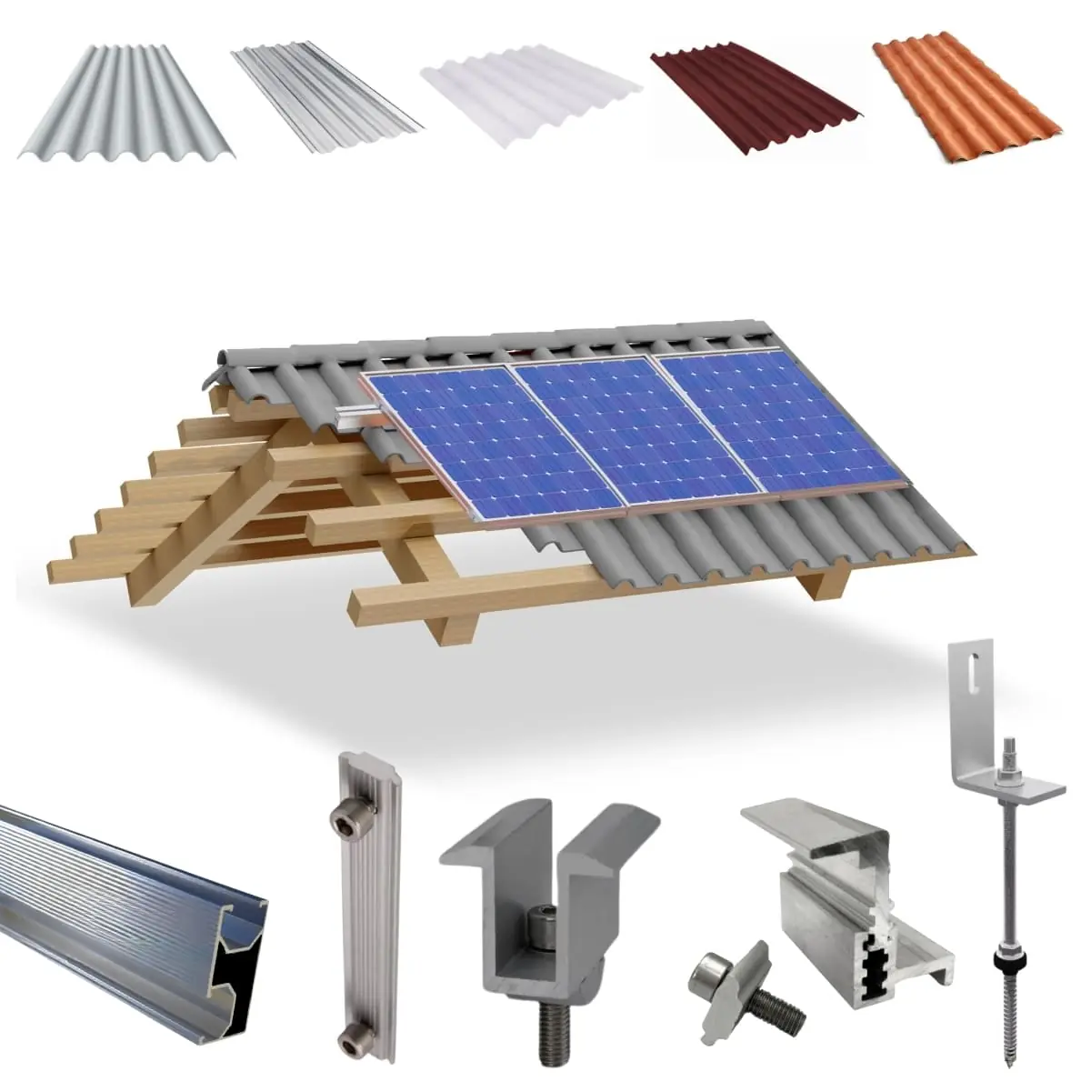 Kit Estrutura Fixador Linha C 1,20m Para 03 Placas Solar Alumínio Inox Telha Fibro Ondulada Viga Madeira | Perfil Master