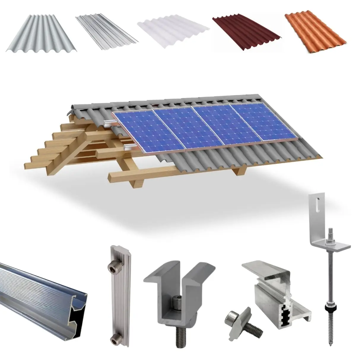 Kit Estrutura Fixador Linha C 1,20m Para 04 Placas Solar Alumínio Inox Telha Fibro Ondulada Viga Madeira | Perfil Master