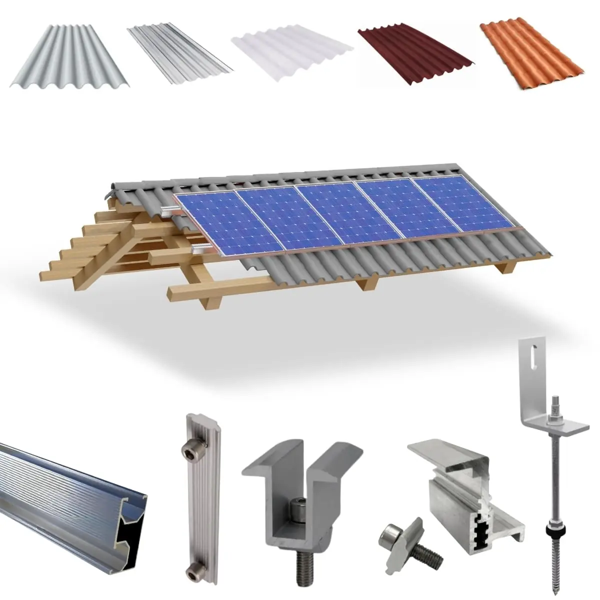 Kit Estrutura Fixador Linha C 1,20m Para 05 Placas Solar Alumínio Inox Telha Fibro Ondulada Viga Madeira | Perfil Master