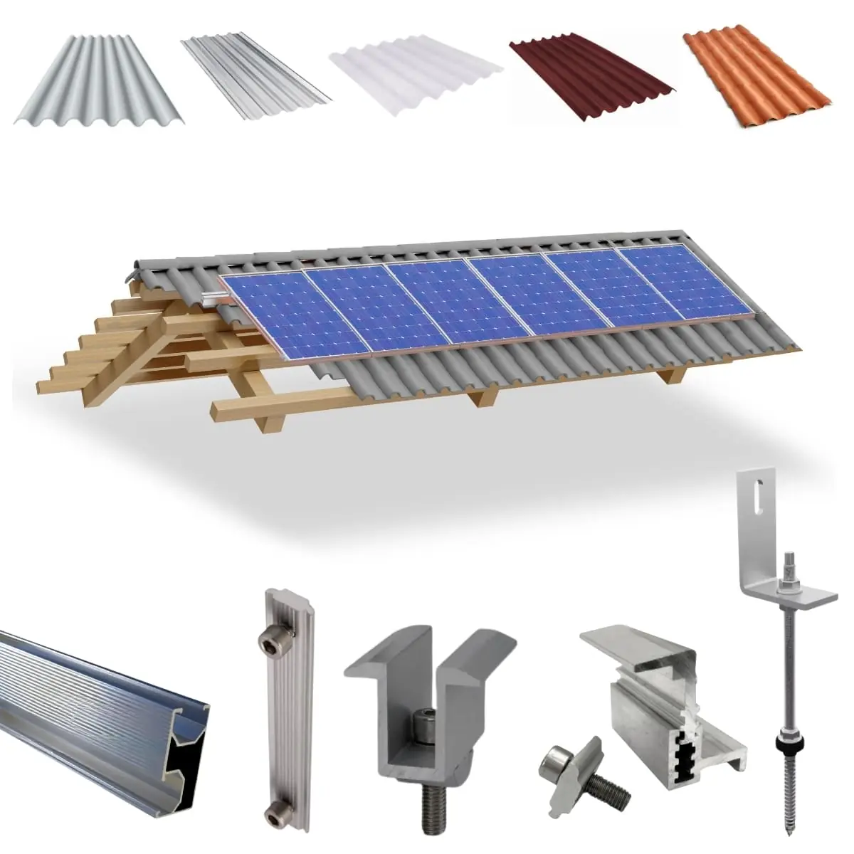 Kit Estrutura Fixador Linha C 1,20m Para 06 Placas Solar Alumínio Inox Telha Fibro Ondulada Viga Madeira | Perfil Master