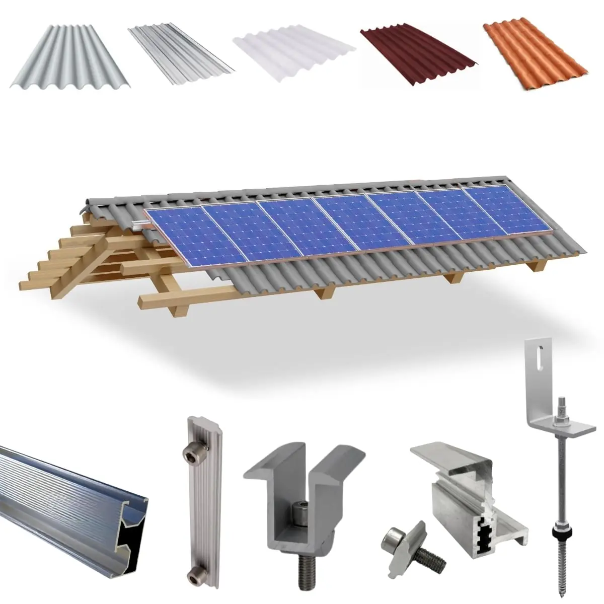 Kit Estrutura Fixador Linha C 1,20m Para 07 Placas Solar Alumínio Inox Telha Fibro Ondulada Viga Madeira | Perfil Master