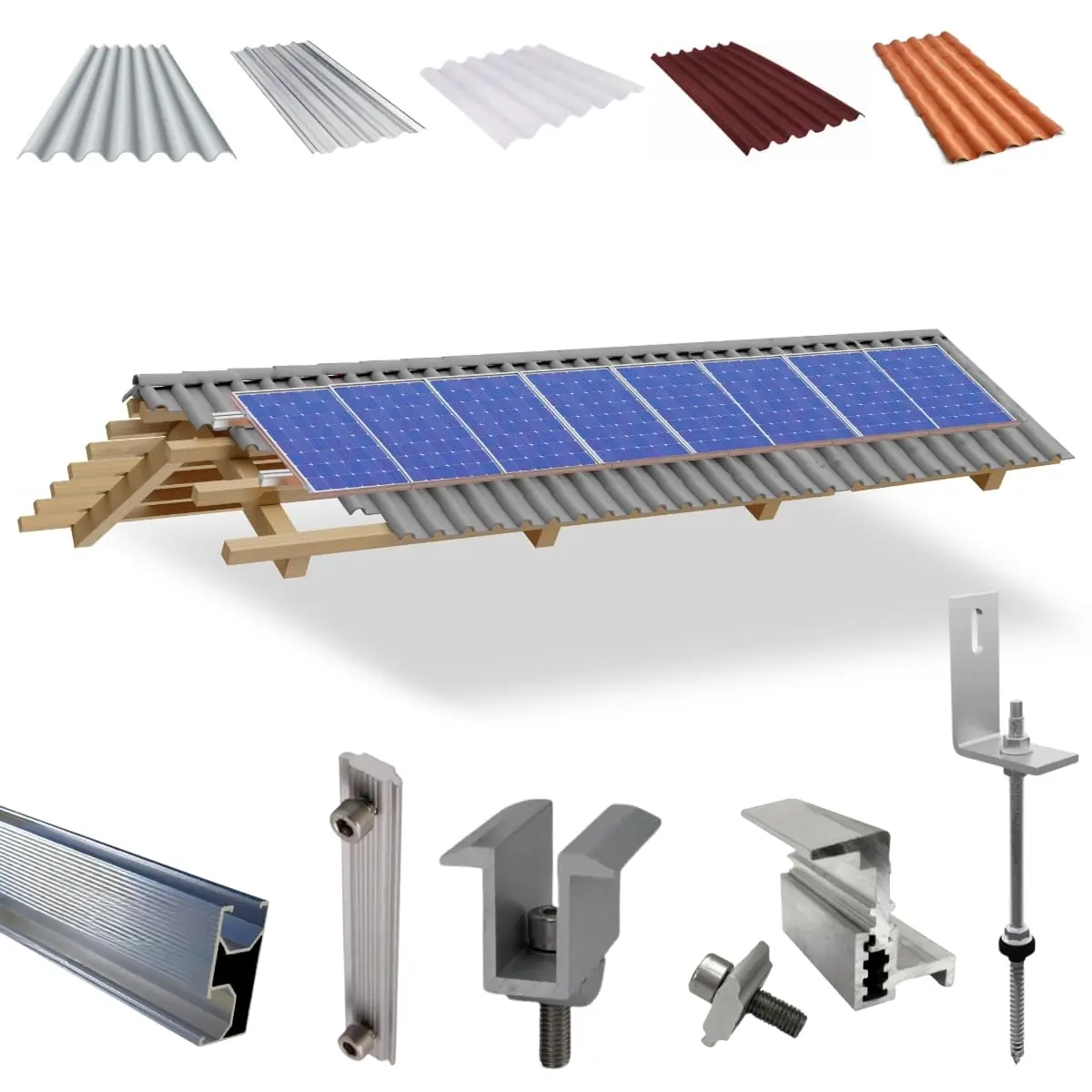 Kit Estrutura Fixador Linha C 1,20m Para 08 Placas Solar Alumínio Inox Telha Fibro Ondulada Viga Madeira | Perfil Master