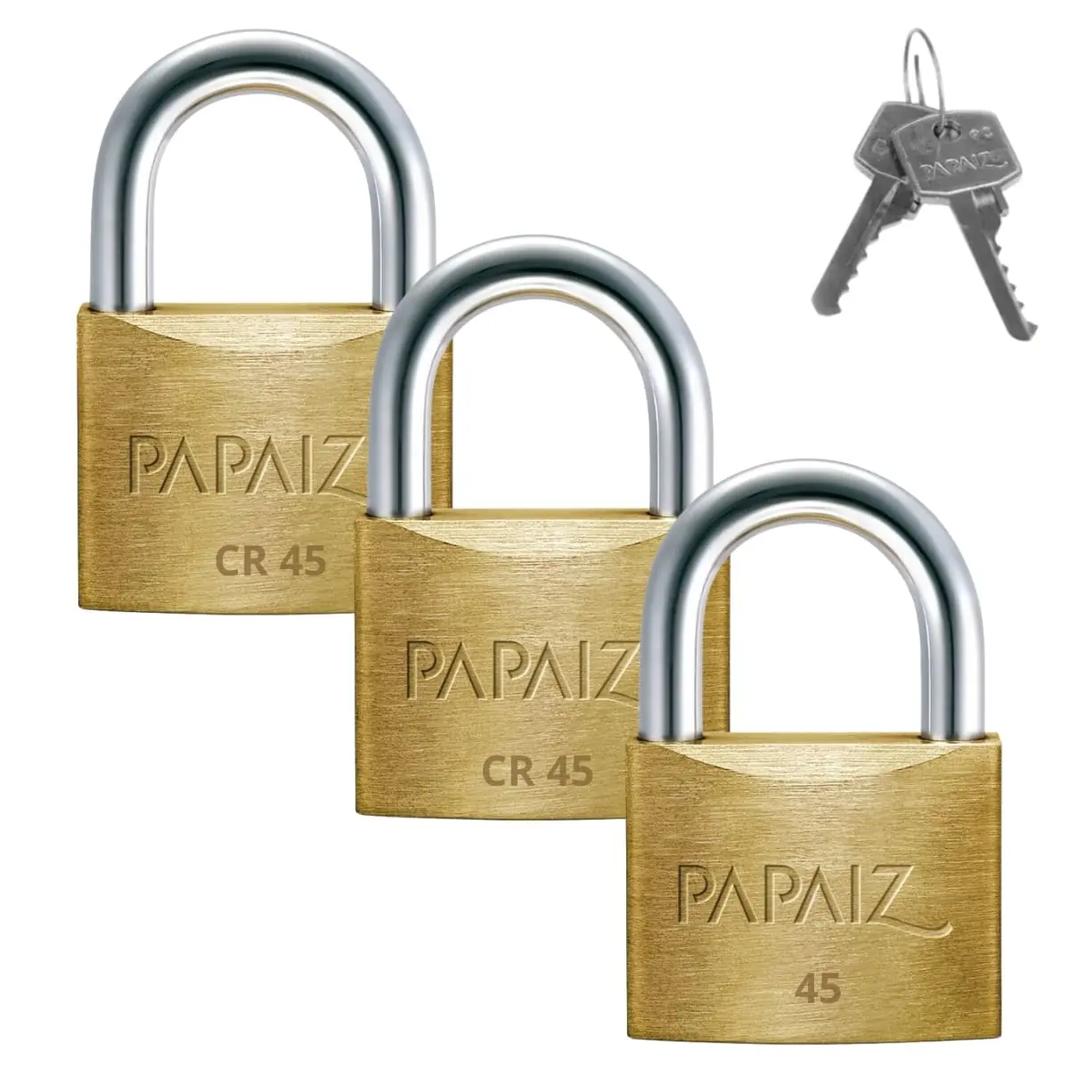 Cadeado Médio 45mm Haste Curta Latão Maciço Dourado Com Chave | Papaiz | Kit 03 Un