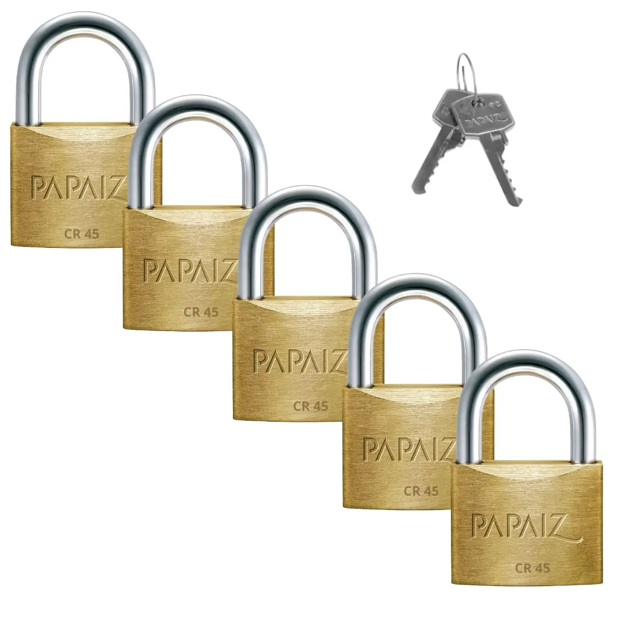 Cadeado Médio 45mm Haste Curta Latão Maciço Dourado Com Chave | Papaiz | Kit 05 Un
