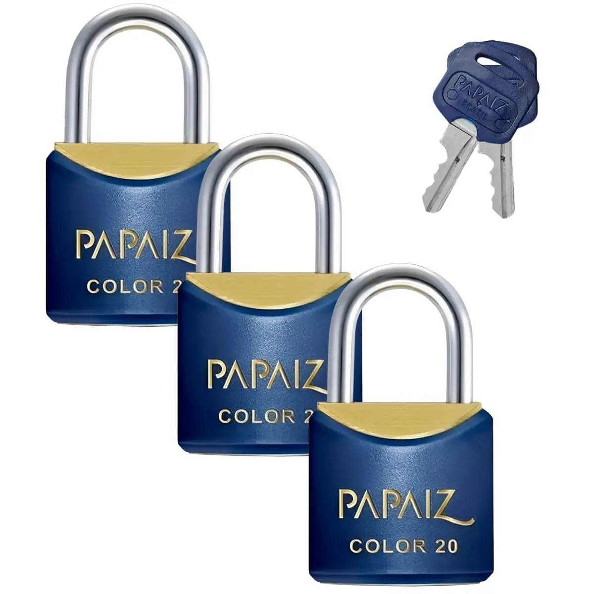 Cadeado Pequeno 20mm Haste Curta Latão Maciço Azul Com Chave | Papaiz | Kit 03 Un