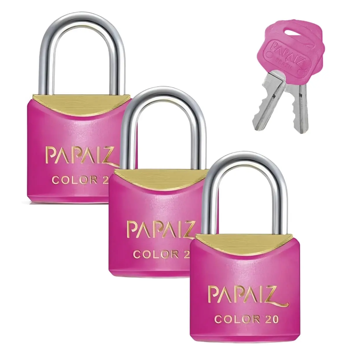 Cadeado Pequeno 20mm Haste Curta Latão Maciço Rosa Com Chave | Papaiz | Kit 03 Un
