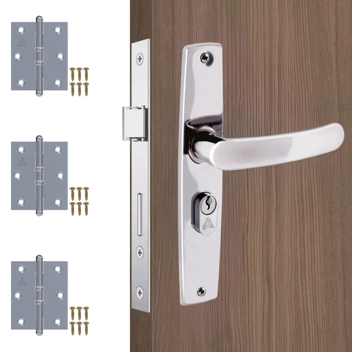 Fechadura Para Porta Externa Aço Inox Polido Cromado + Dobradiças Aço Zincado Pino Bola