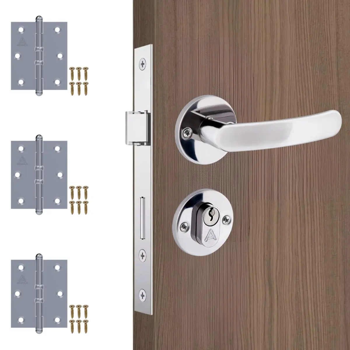 Fechadura Para Porta Externa Perfil Aredondado Aço Inox Polido Cromado + Dobradiças Aço Zincado Pino Bola