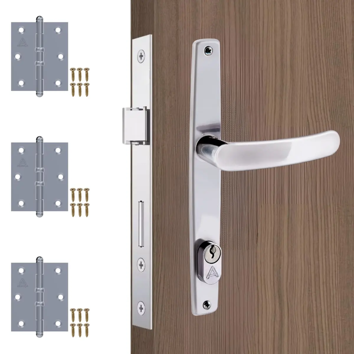 Fechadura Para Porta Externa Perfil Estretiro Aço Inox Polido Cromado + Dobradiças Aço Zincado Pino Bola