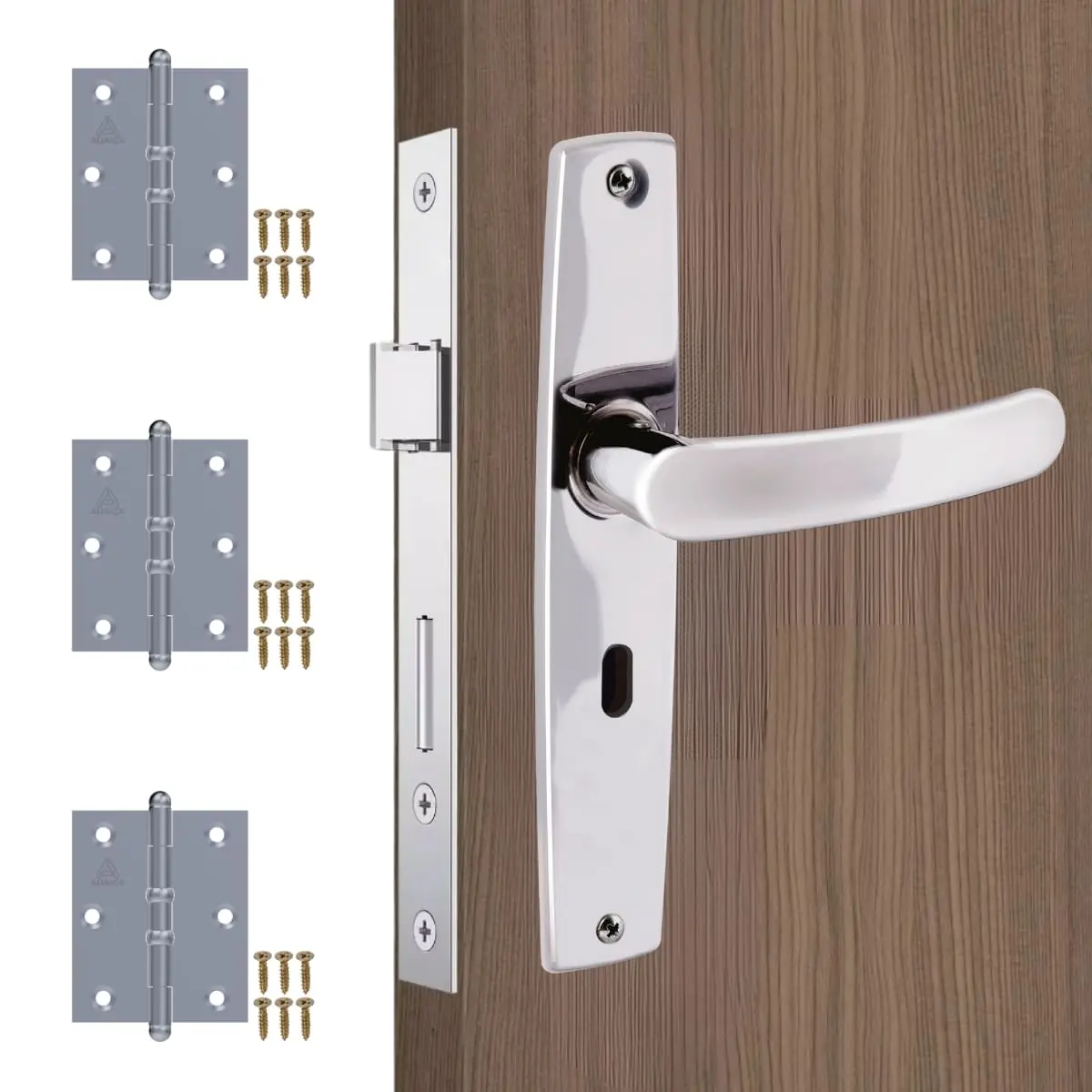 Fechadura Para Porta Interna Aço Inox Polido Cromado + Dobradiças Aço Zincado Pino Bola