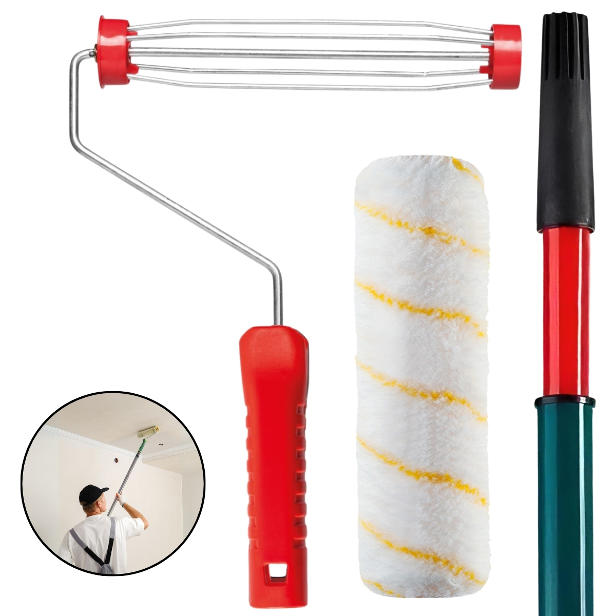 Rolo De Pintura 23cm Lã Microfibra + Suporte Garfo Gaiola Com Rosca + Cabo Extensor Prolongador 2m