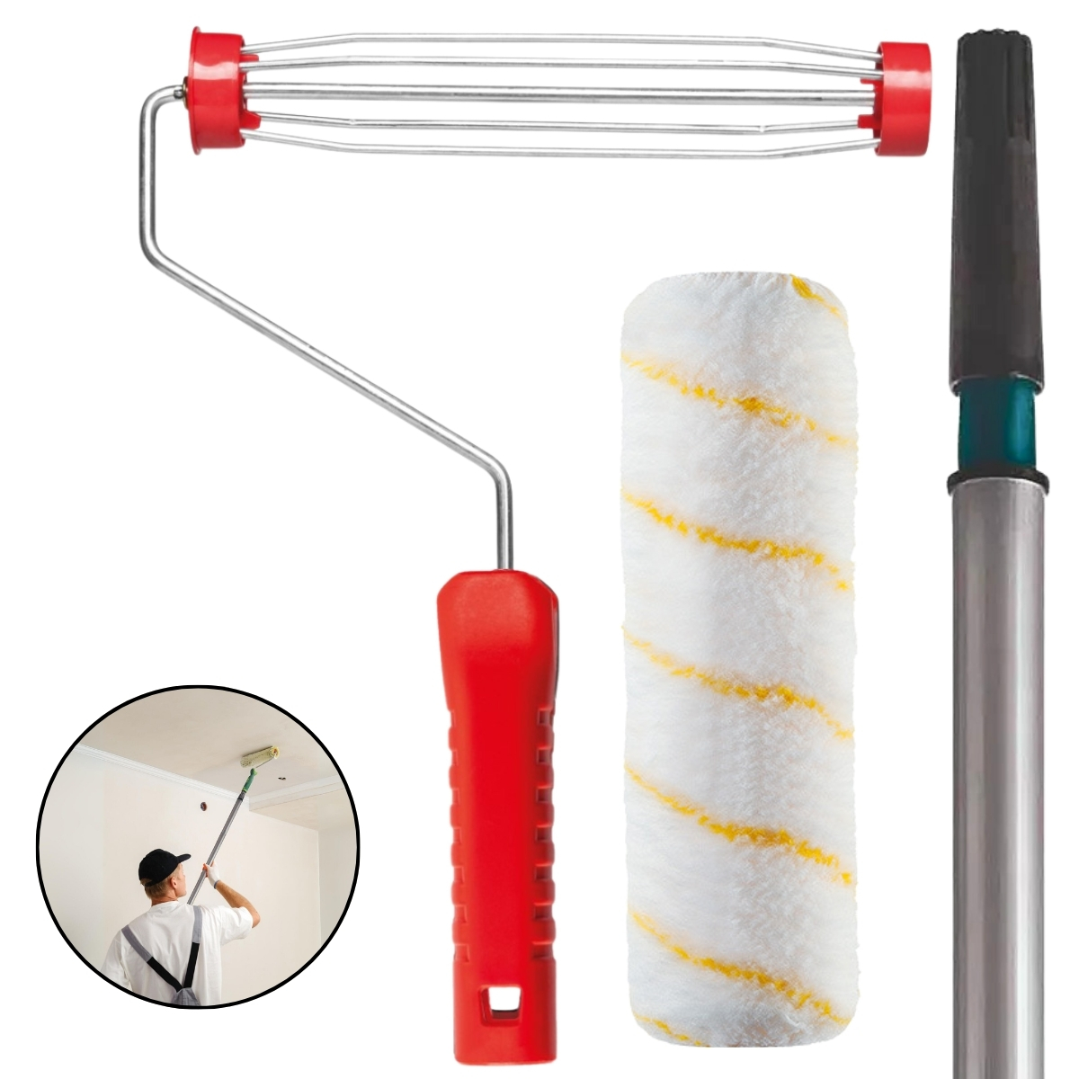 Rolo De Pintura 23cm Lã Microfibra + Suporte Garfo Gaiola Com Rosca + Cabo Extensor Prolongador 3m