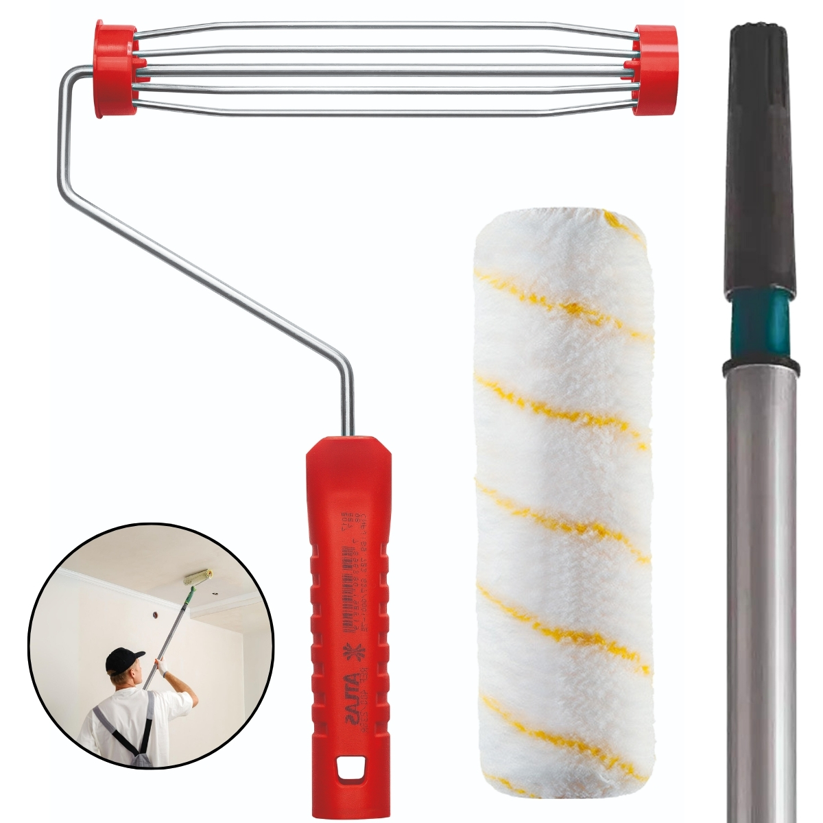 Rolo De Pintura 23cm Lã Microfibra + Suporte Garfo Gaiola Sem Rosca + Cabo Extensor Prolongador 3m