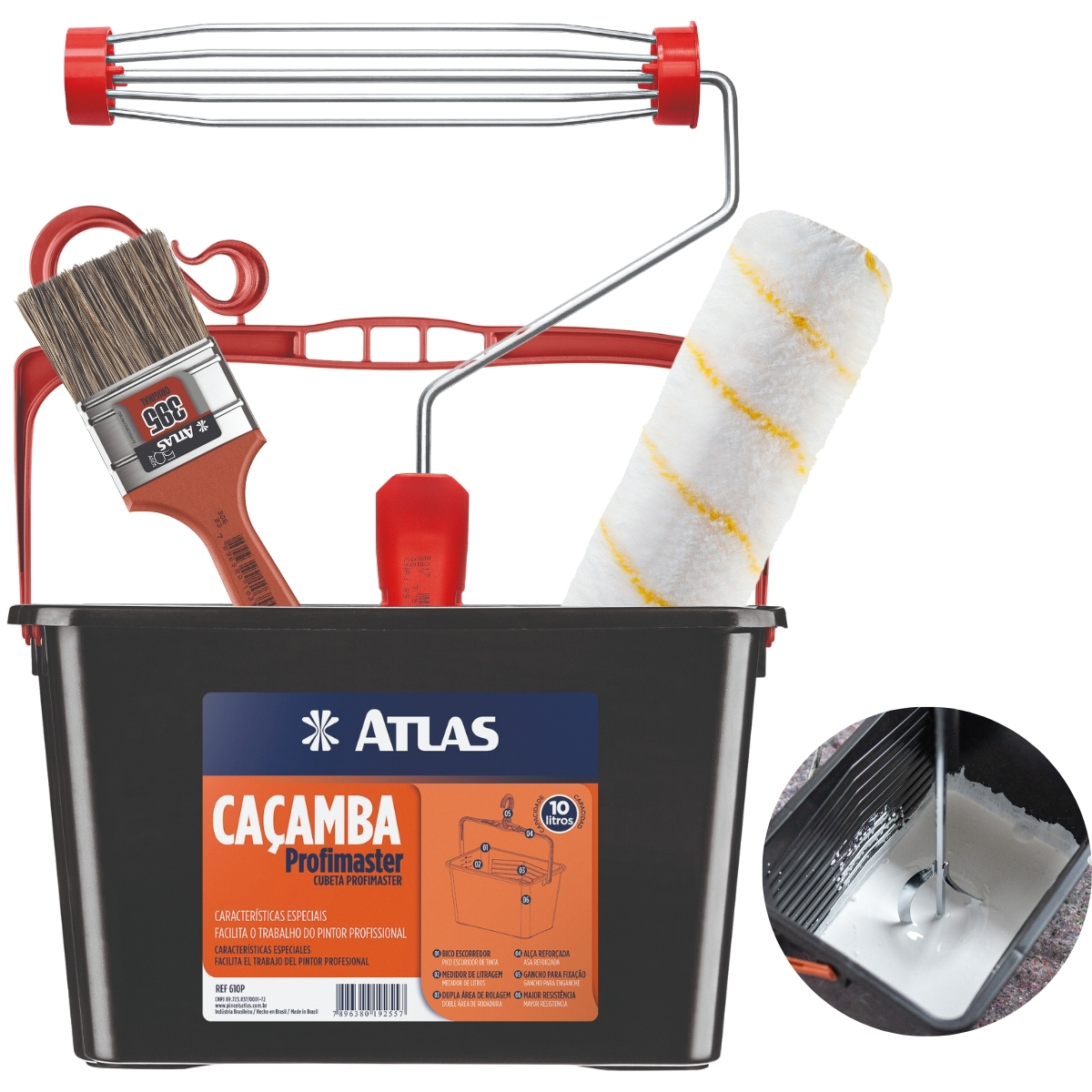 Bandeja Caçamba Balde Pintura 10l + Rolo 23cm Antirespingo + Suporte Garfo Sem Rosca + Trincha 50mm