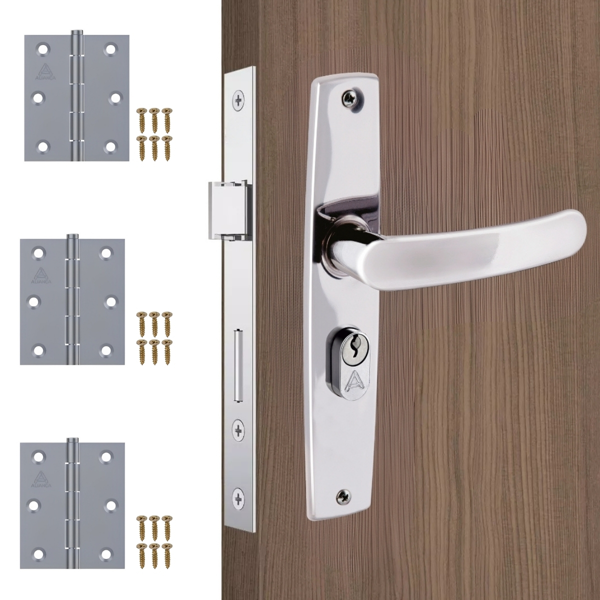 Fechadura Para Porta Externa Aço Inox Polido Cromado + Dobradiças Aço Zincado 3.1/2"