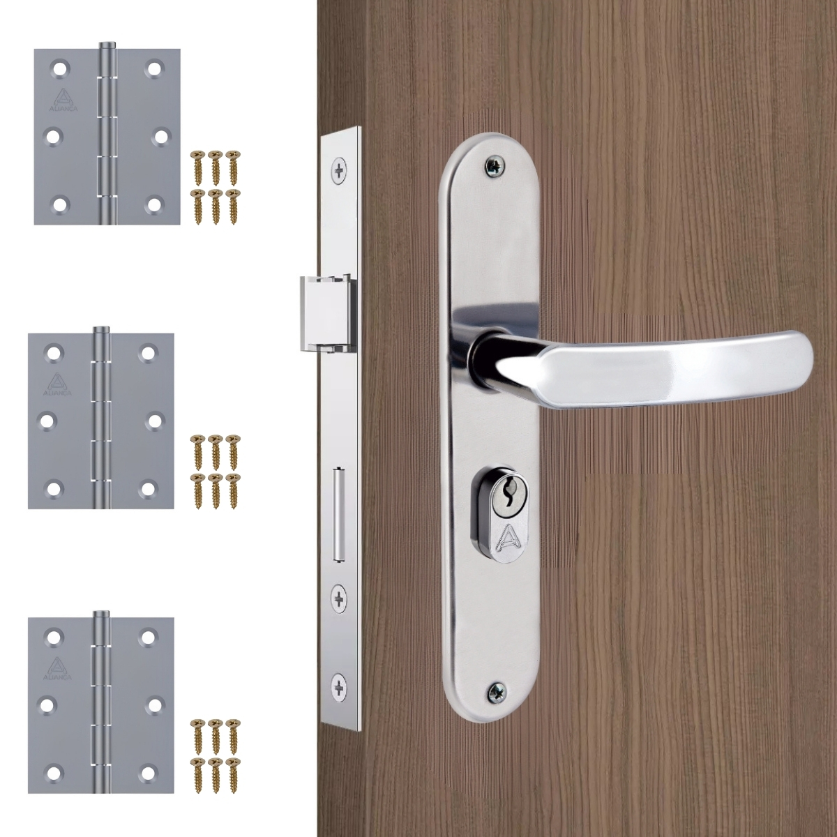 Fechadura Para Porta Externa Perfil Aredondado Aço Inox Polido Cromado + Dobradiças Aço Zincado 3.1/2"