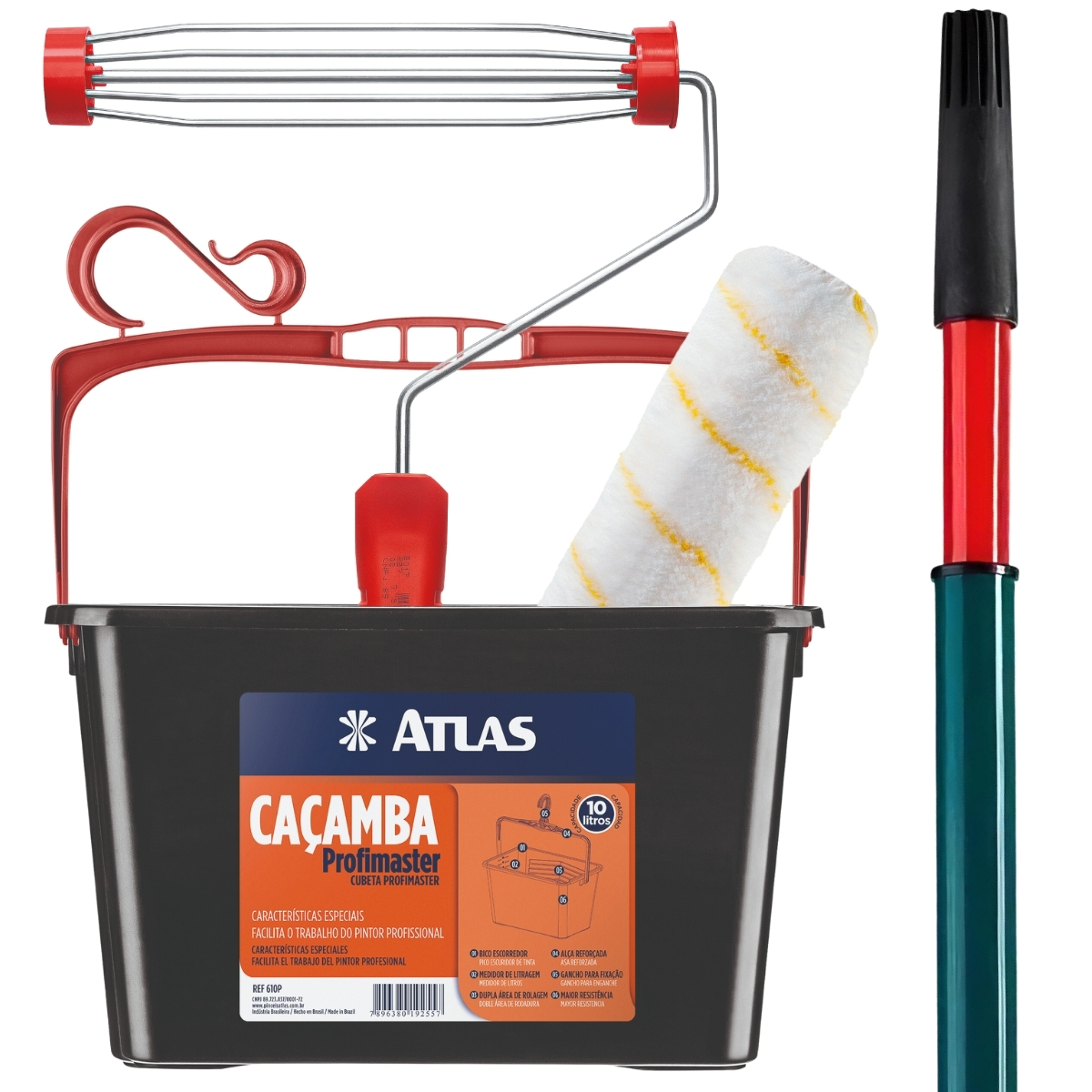 Caçamba Balde Para Pintura 10l + Suporte Garfo + Rolo 23cm Antirespingo + Cabo Extensor Telescópico 2m