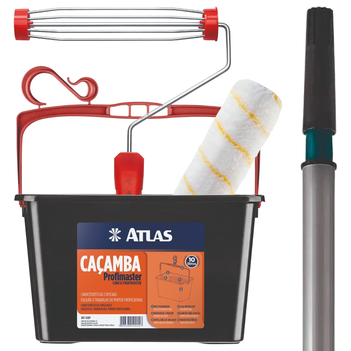 Caçamba Balde Para Pintura 10l + Suporte Garfo + Rolo 23cm Antirespingo + Cabo Extensor Telescópico 3m
