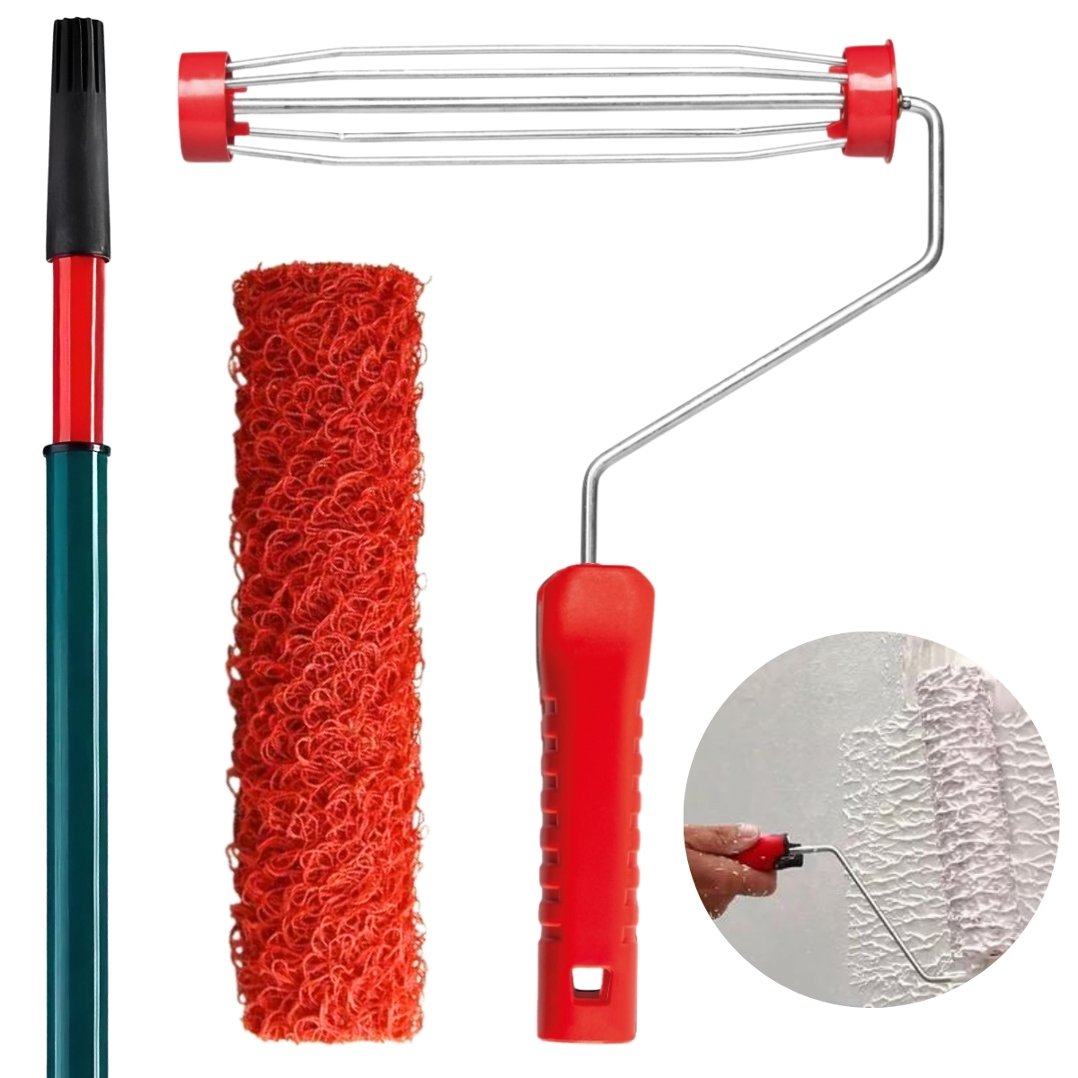 Suporte Garfo Gaiola Para Rolo De Pintura 23cm + Rolo Textura Cabelo De Anjo + Cabo Extensor Telescópico 2m
