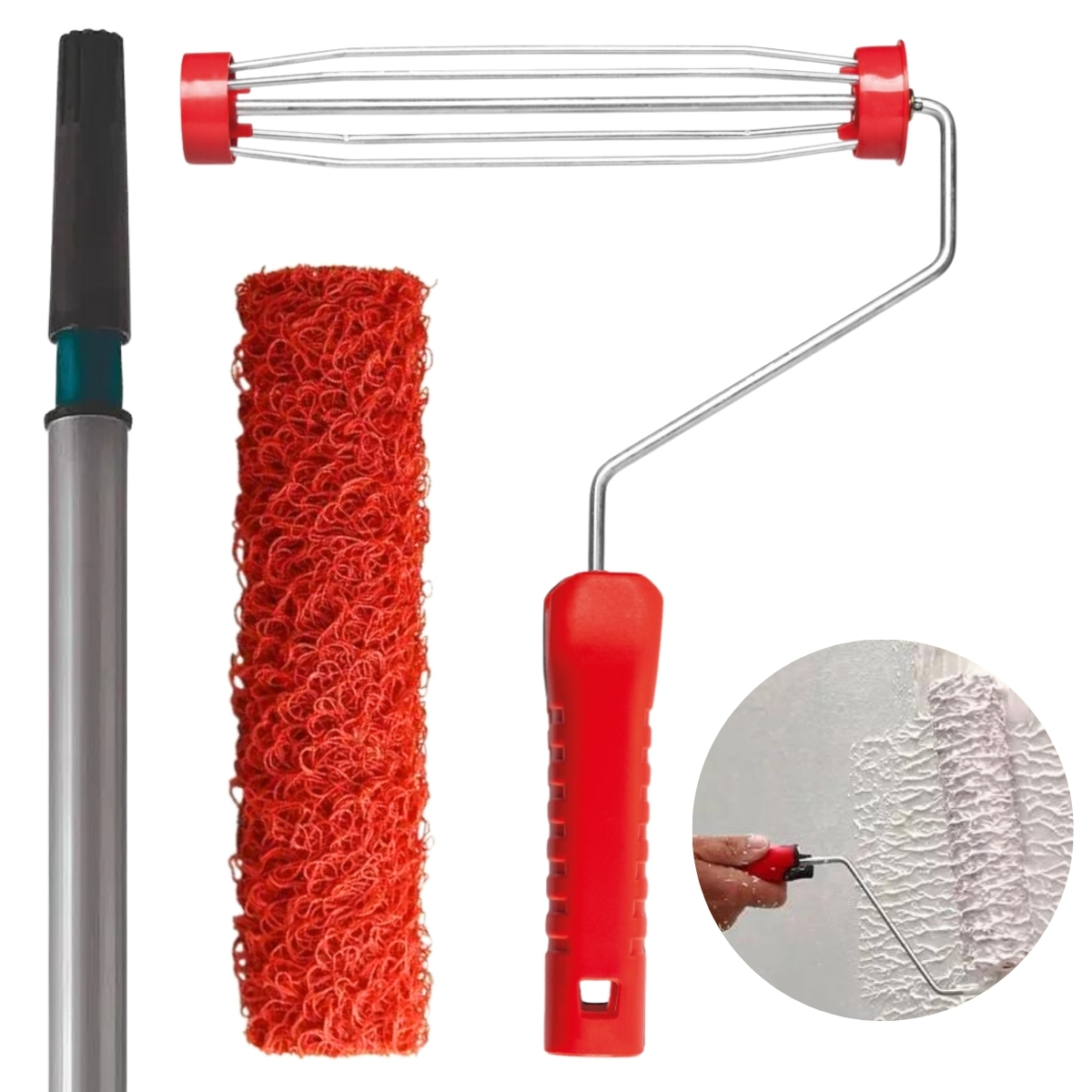 Suporte Garfo Gaiola Para Rolo De Pintura 23cm + Rolo Textura Cabelo De Anjo + Cabo Extensor Telescópico 3m