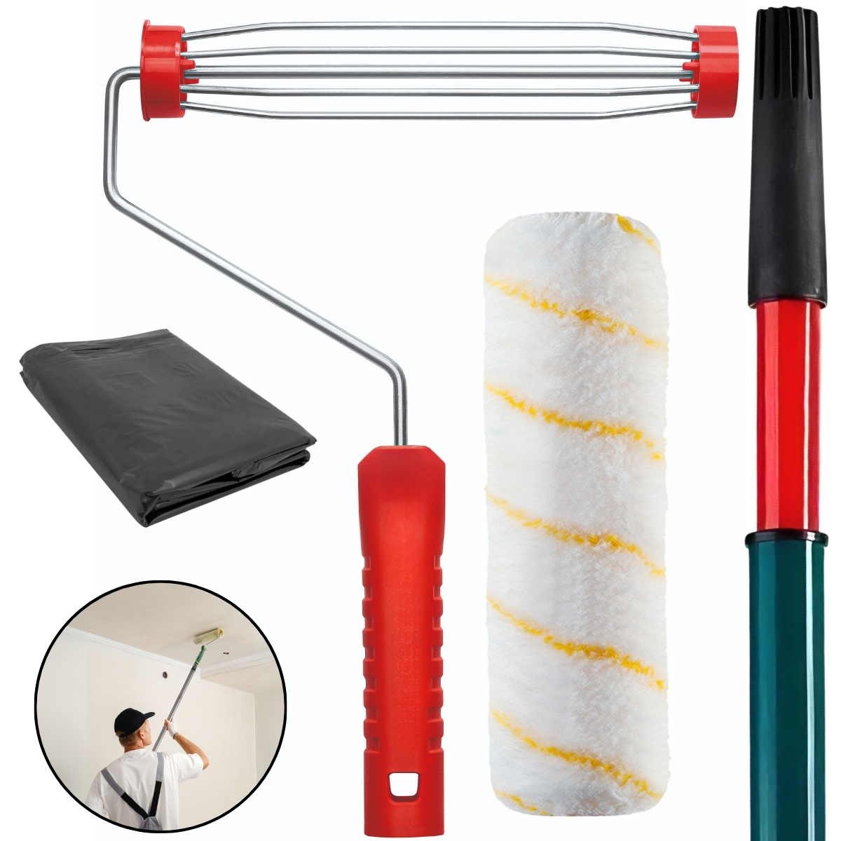Suporte Garfo Para Rolo De Pintura 23cm + Rolo Antirespingo + Cabo Extensor Telescópico 2m + Lona 2mx4m