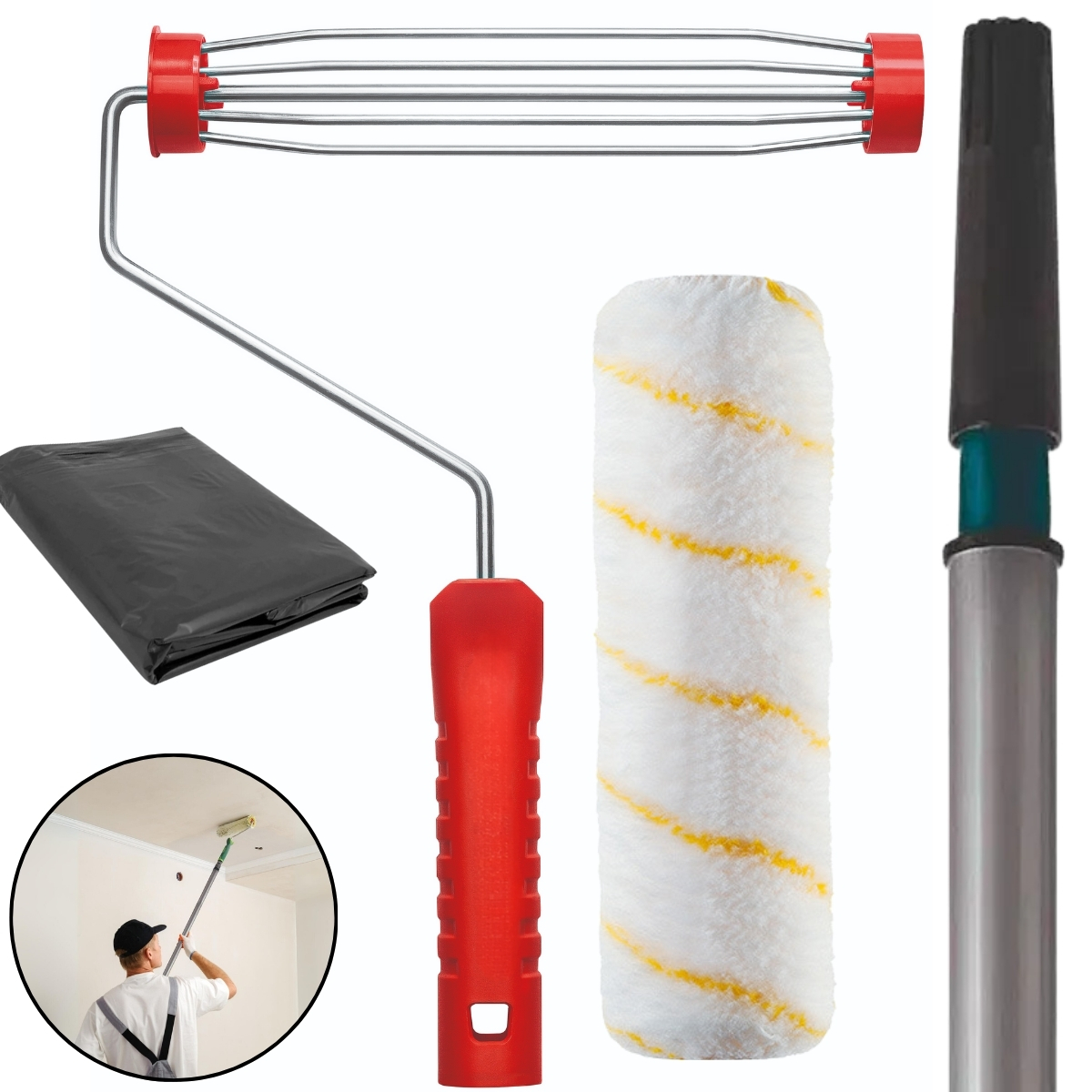 Suporte Garfo Para Rolo De Pintura 23cm + Rolo Antirespingo + Cabo Extensor Telescópico 3m + Lona 2mx4m
