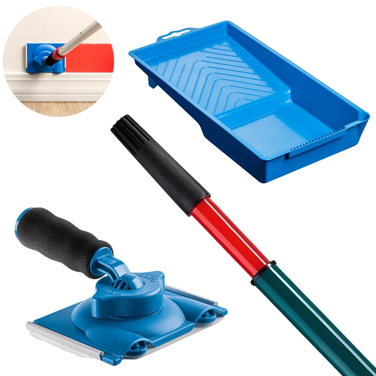 Pad Para Pintura Acabamento Cantos Em Parede + Bandeja 250ml + Cabo Extensor Telescópico 2m