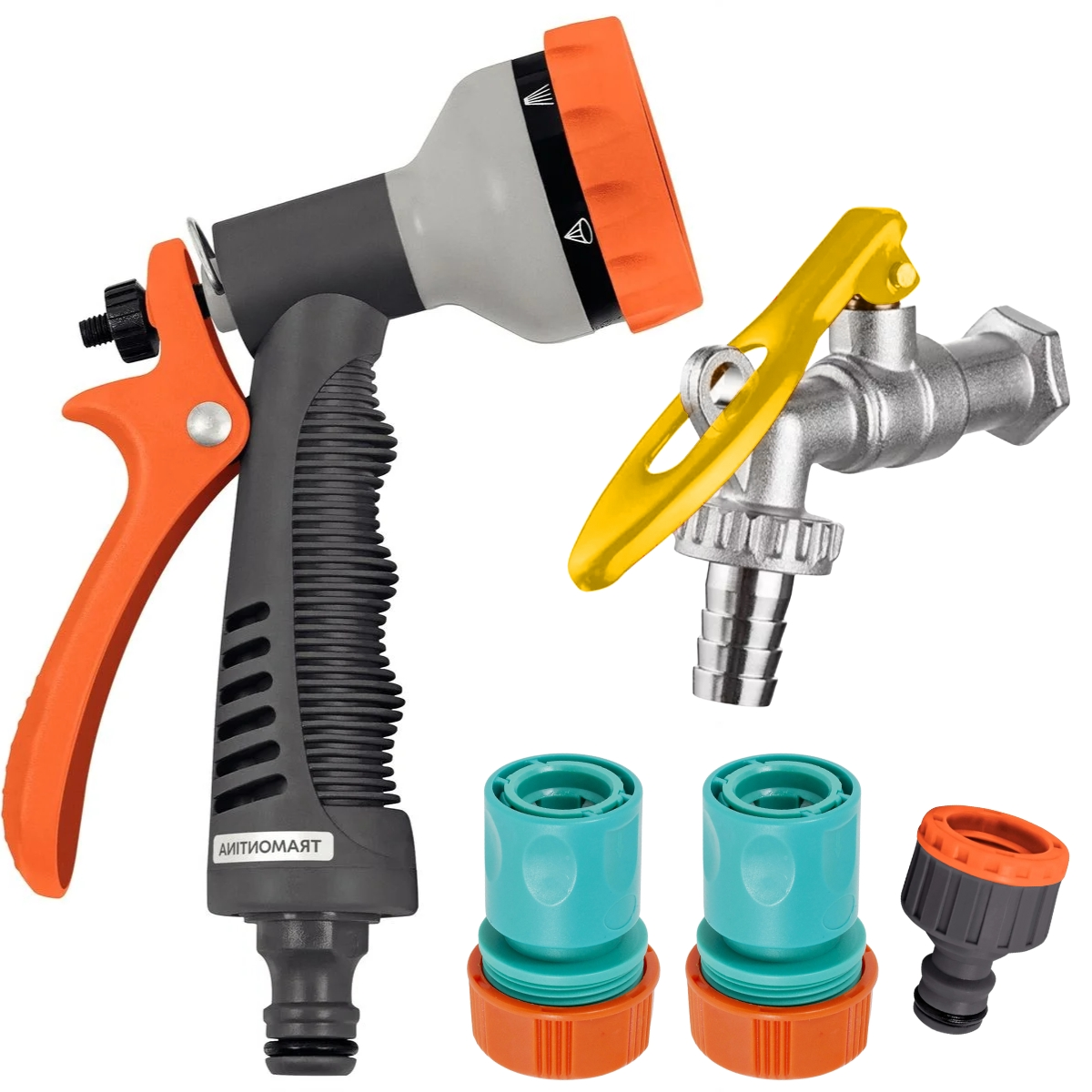 Esguicho Hidropistola 6 Jatos + Engate Rápido 3/4" E 5/8" + Bico Torneira + Torneira 1/2" Metal Com Porta Cadeado