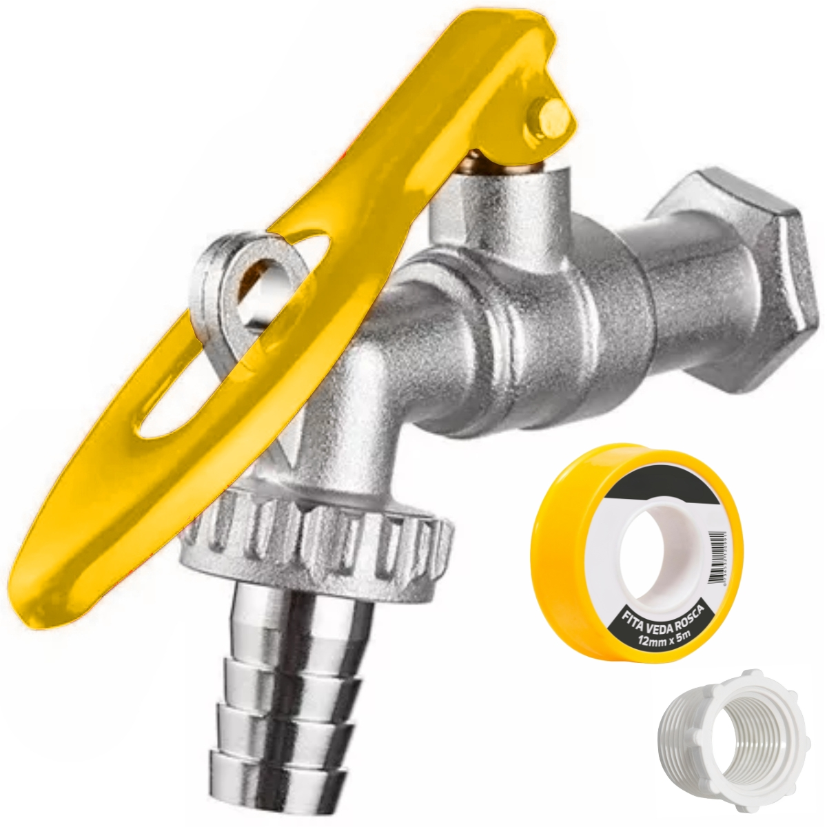 Torneira De Metal Com Porta Cadeado Para Jardim 1/2" + Bucha De Redução 3/4" Para 1/2" + Fita Veda Rosca