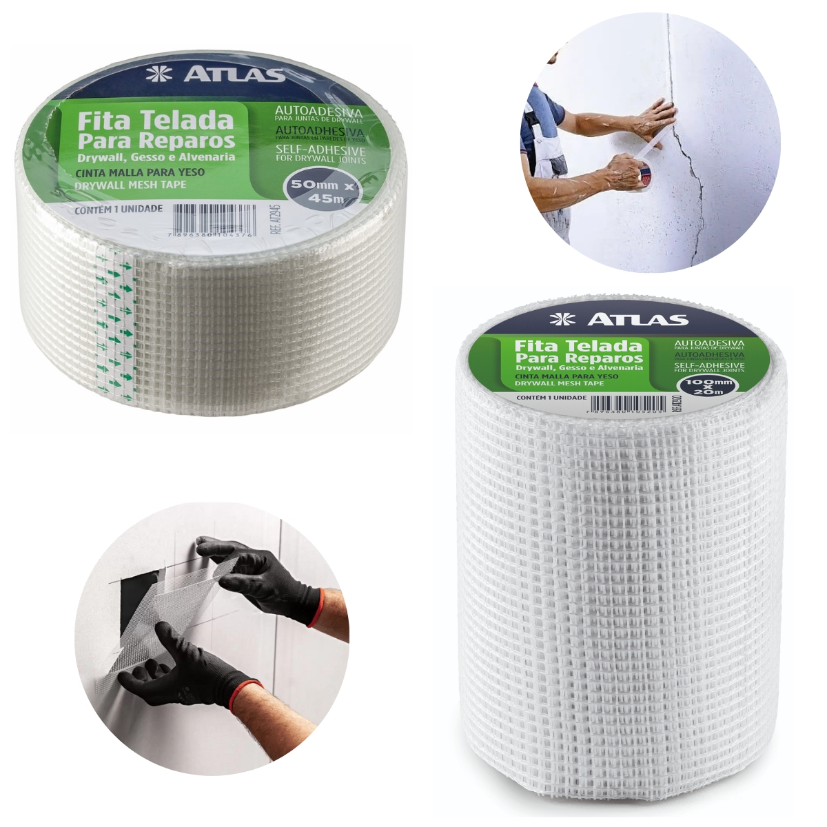 Kit Fita Telada Auto Adesiva Para Reparos 100mm X 20m E 50mm X 45m Gesso Drywall Alvenaria