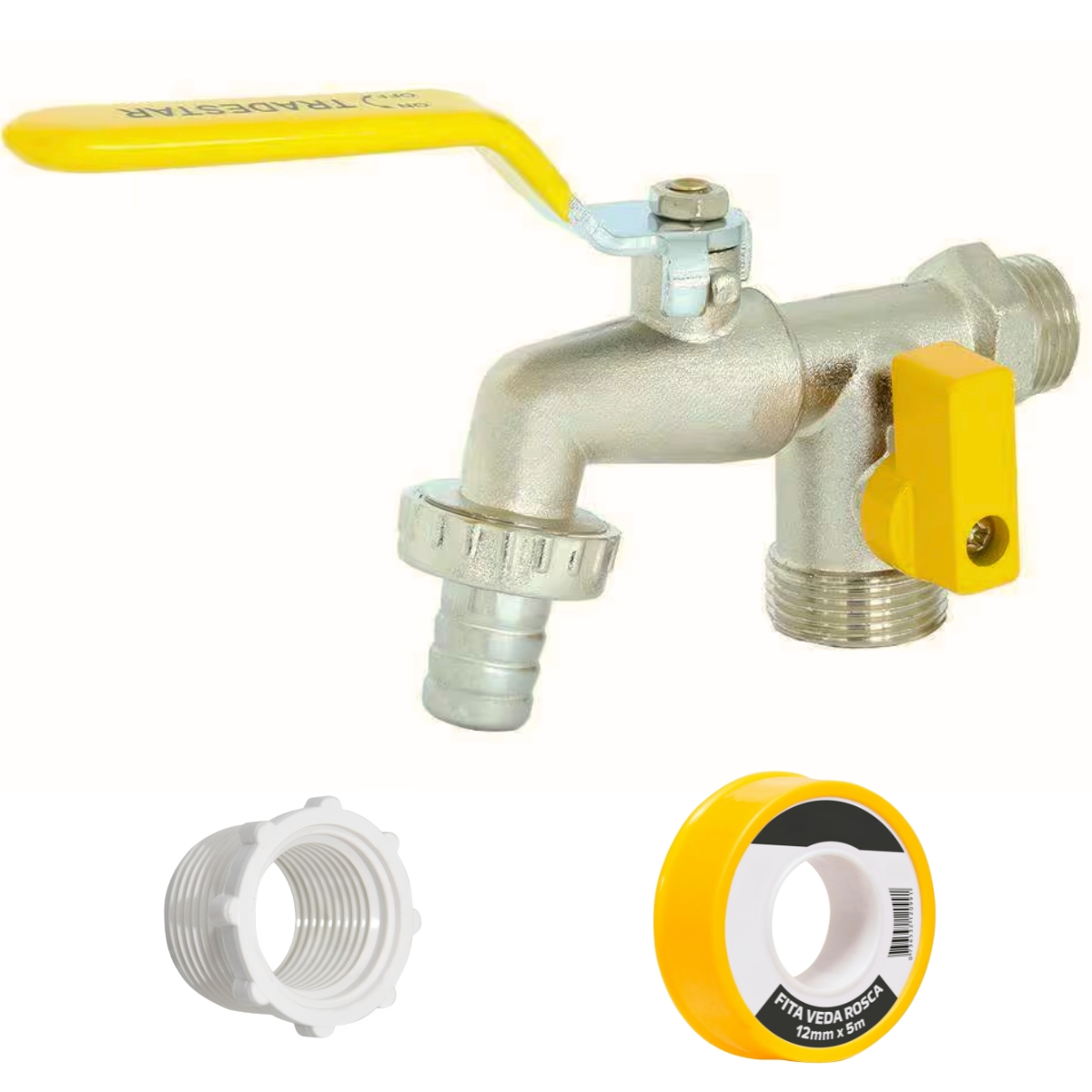 Torneira Com Duas Saídas Metal Com Bico 1/2" E 3/4" + Bucha De Redução 3/4" Para 1/2" + Fita Veda Rosca