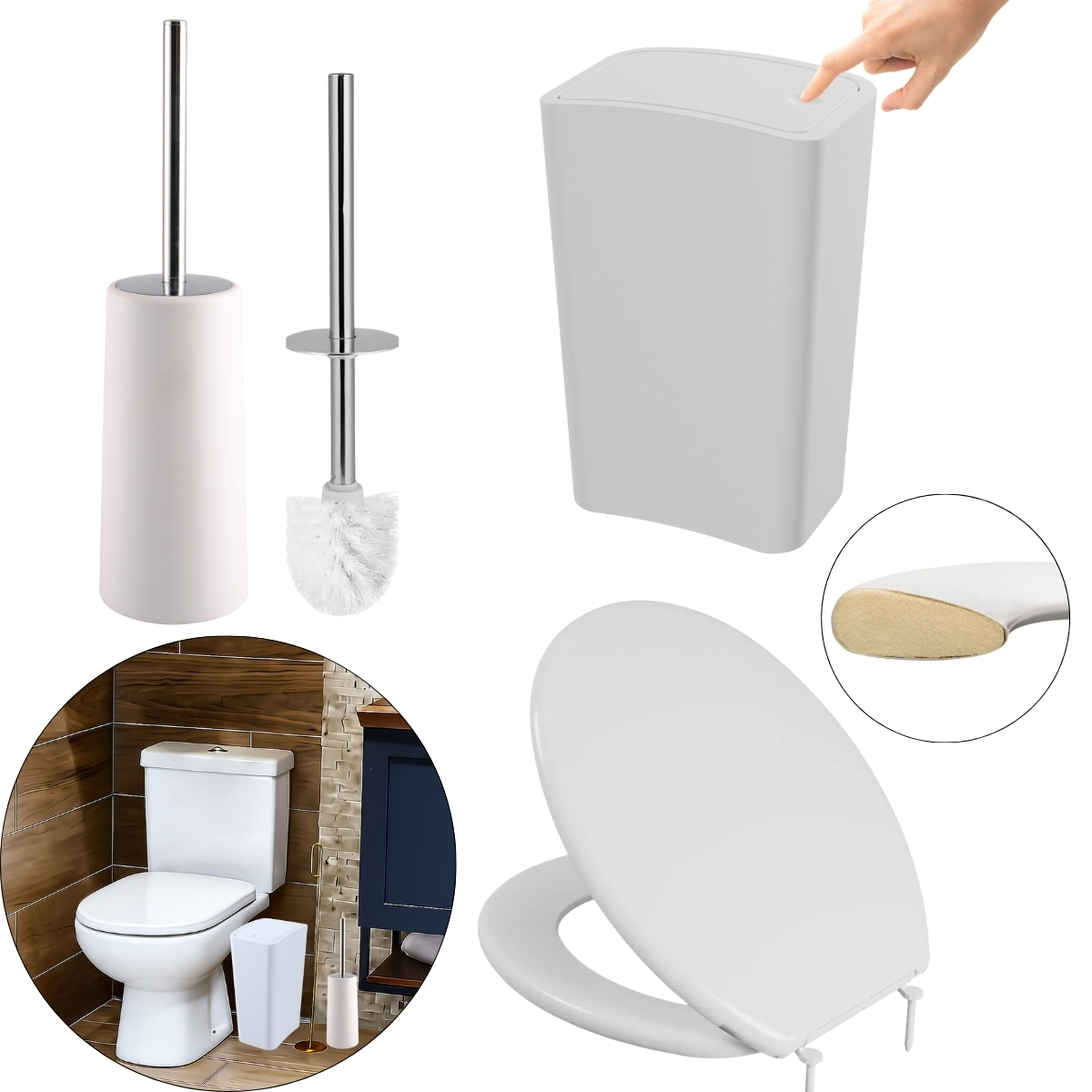 Assento Sanitário Almofadado Slim Branco + Lixeira Branca 8l Tampa Click + Escova Sanitária Base Redonda Branca